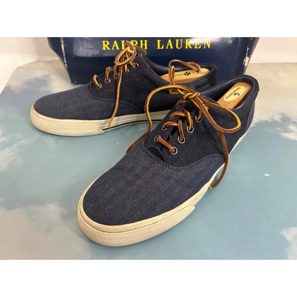 Polo Ralph Lauren Men Navy Blue Canvas Casual Shoes Sneakers Leather Laces Sz 11